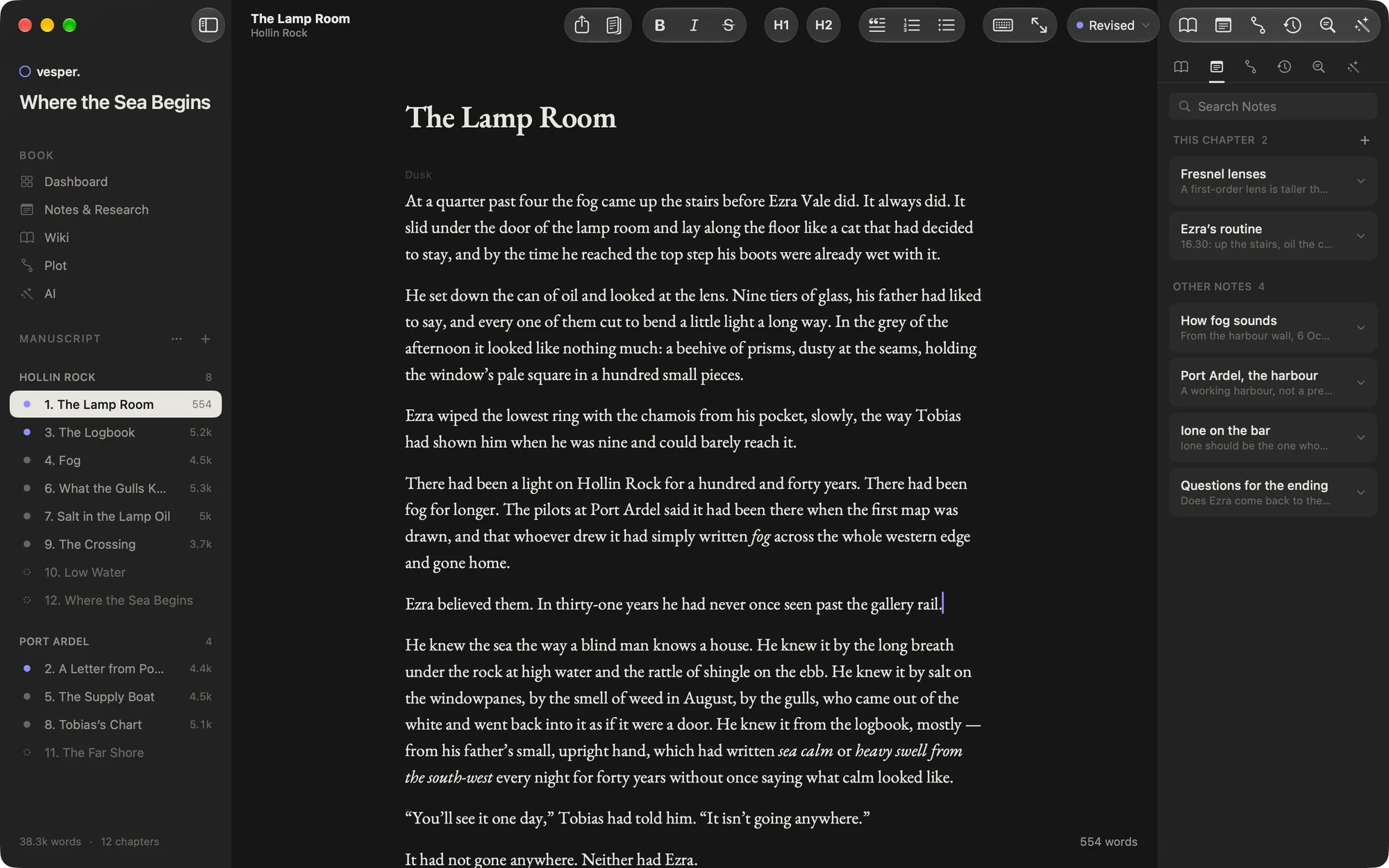 The editor in dark appearance, with the chapter’s notes beside it