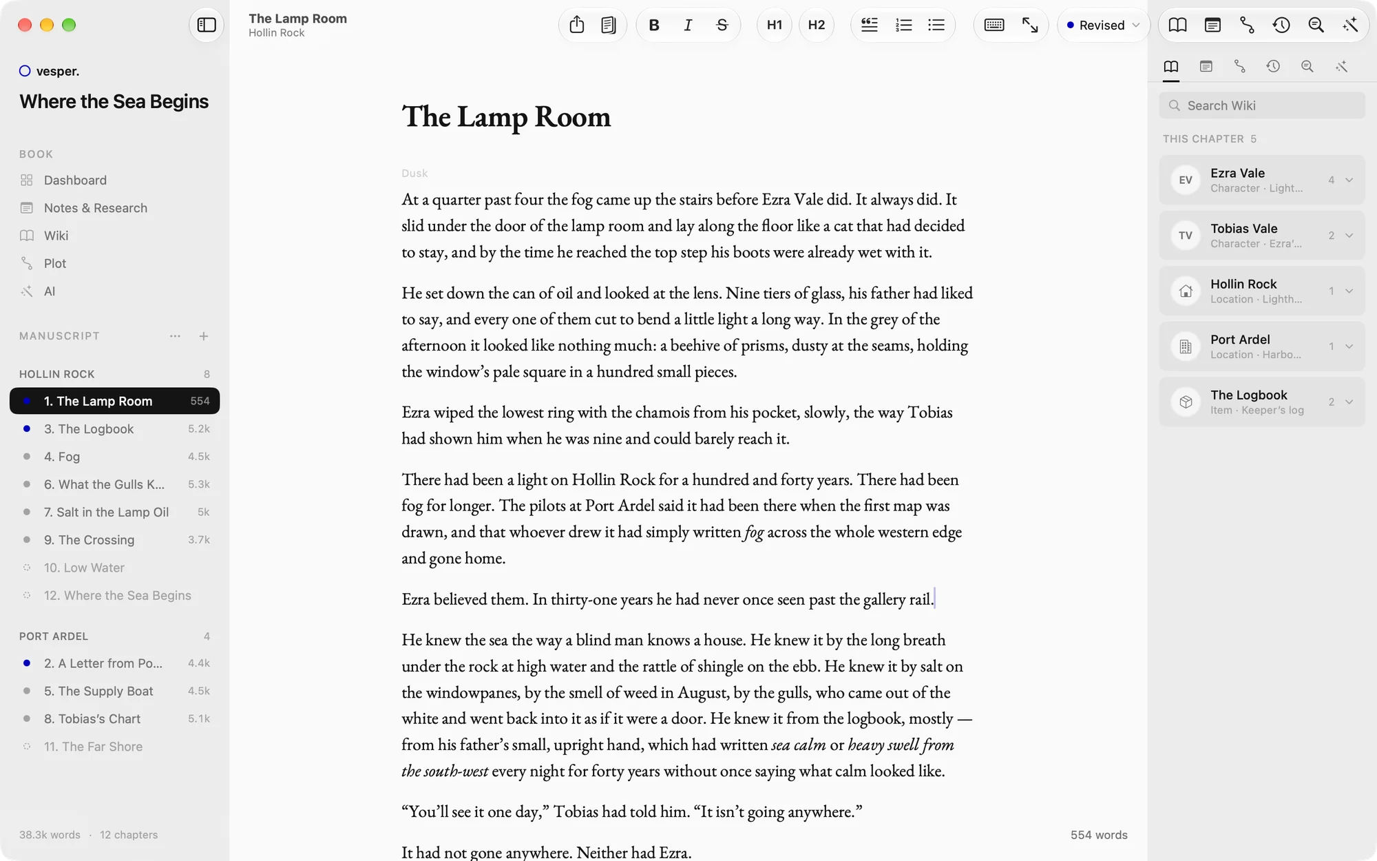 A chapter open in Vesper’s editor on the Mac, chapters in the sidebar and the names found in it beside