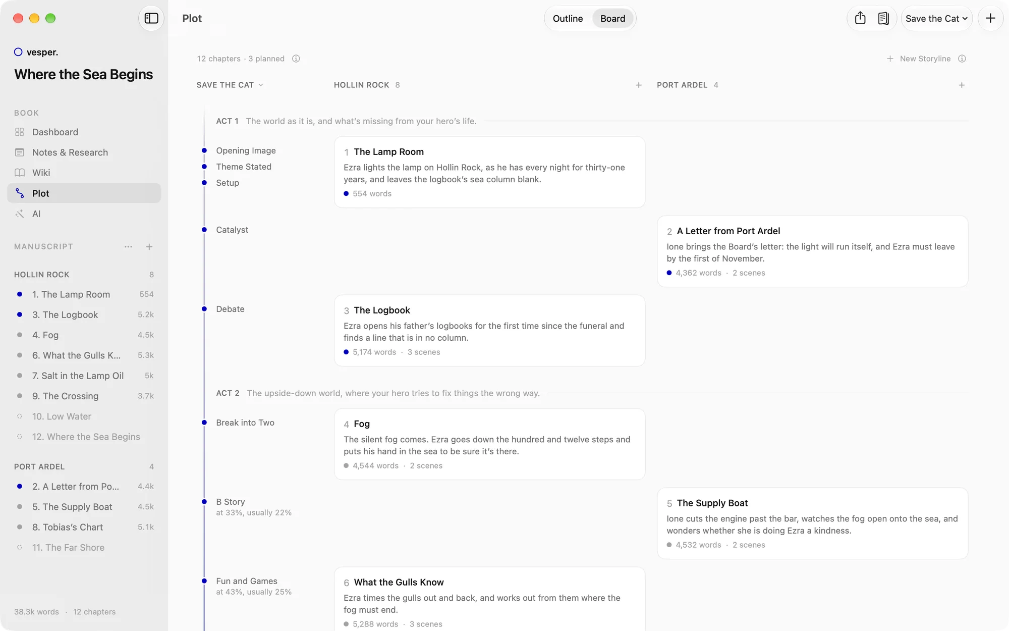 The plot board in Vesper on the Mac: chapter cards along the Save the Cat beats, in two storylines