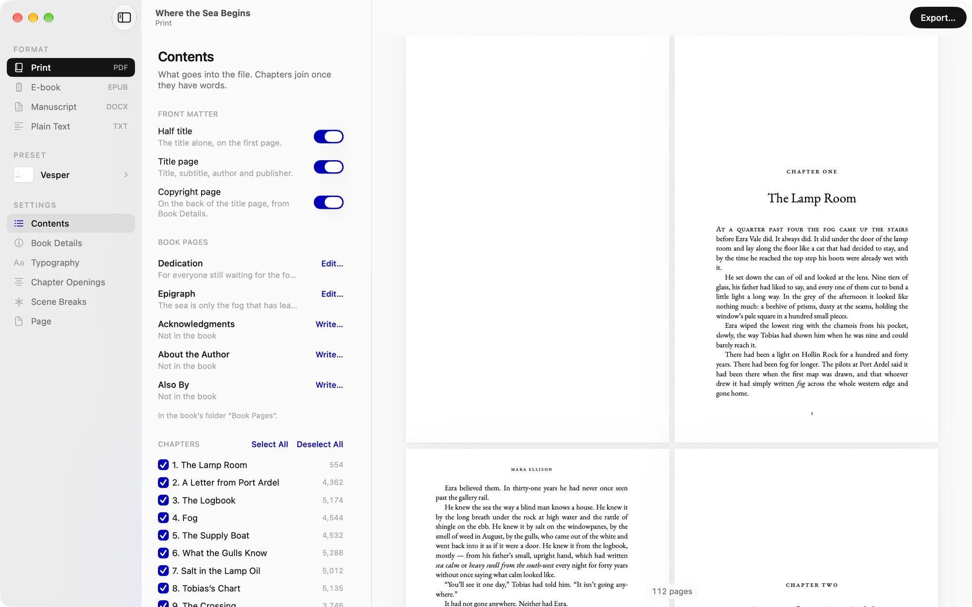 Vesper’s Publish window: the book’s pages and chapters on the left, the typeset Chapter One on the right