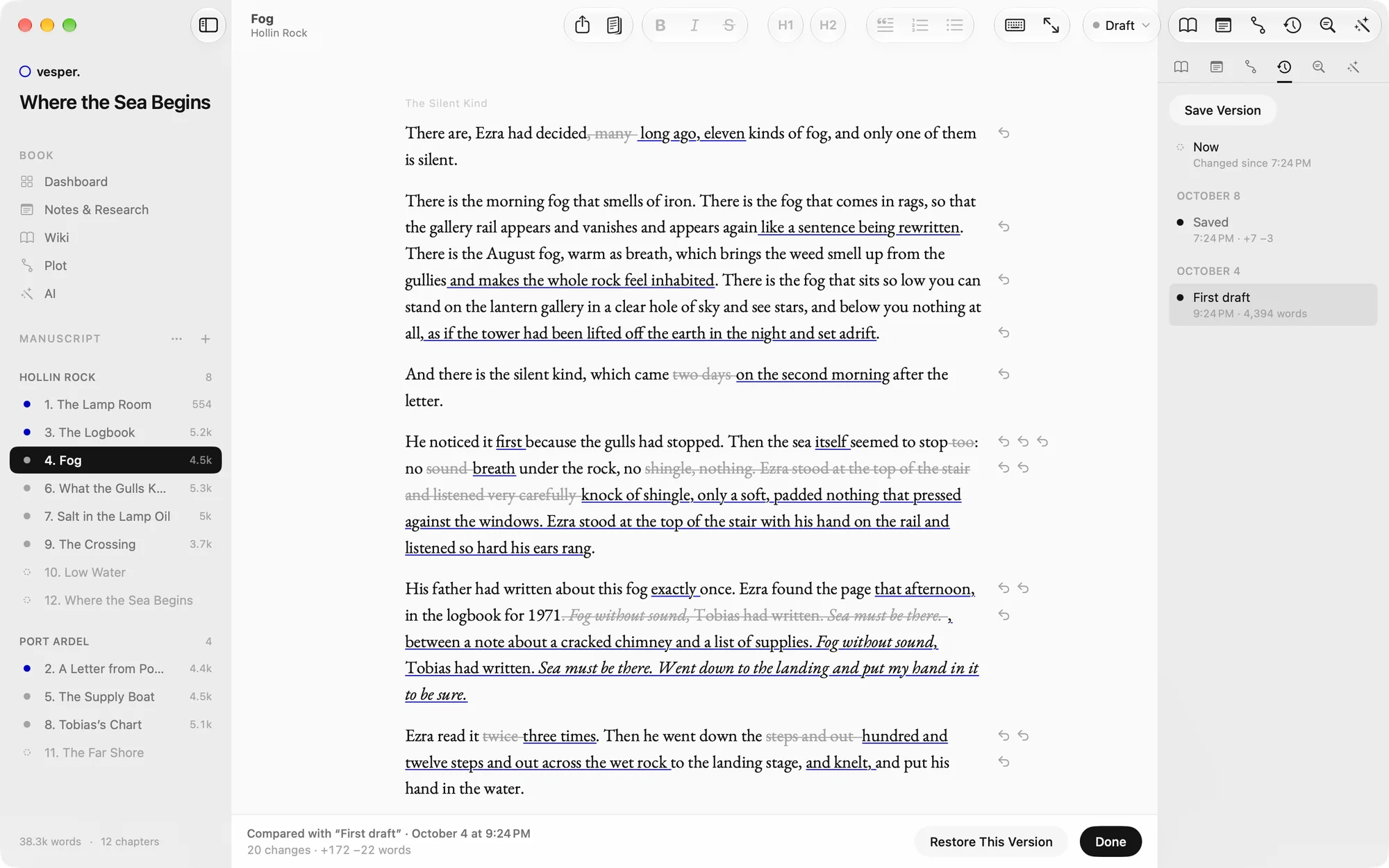 A chapter compared with its first draft: new words underlined, cut words struck through, each with its own undo
