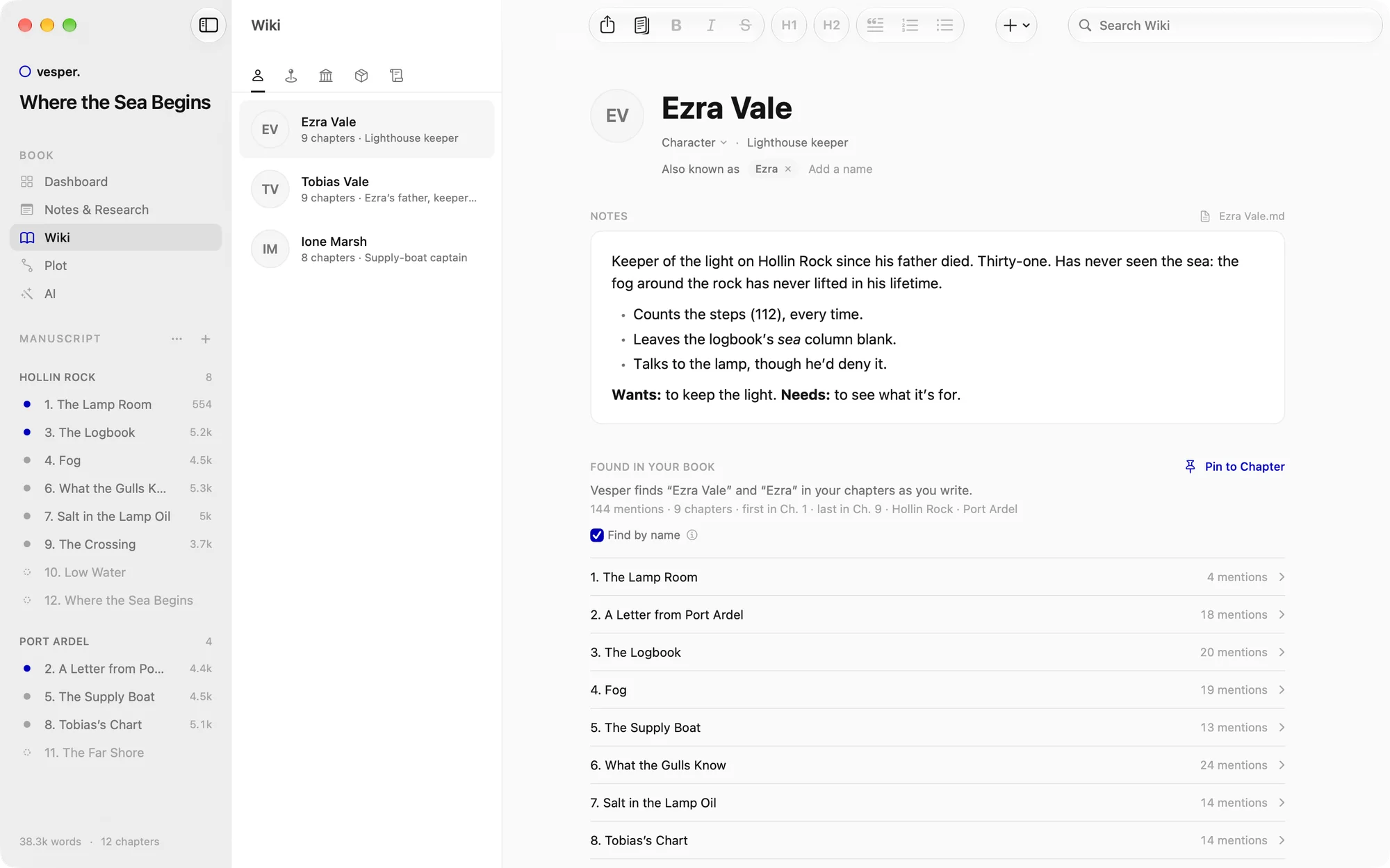Ezra Vale’s entry in Vesper’s wiki: notes, an alias, and 144 mentions found across nine chapters